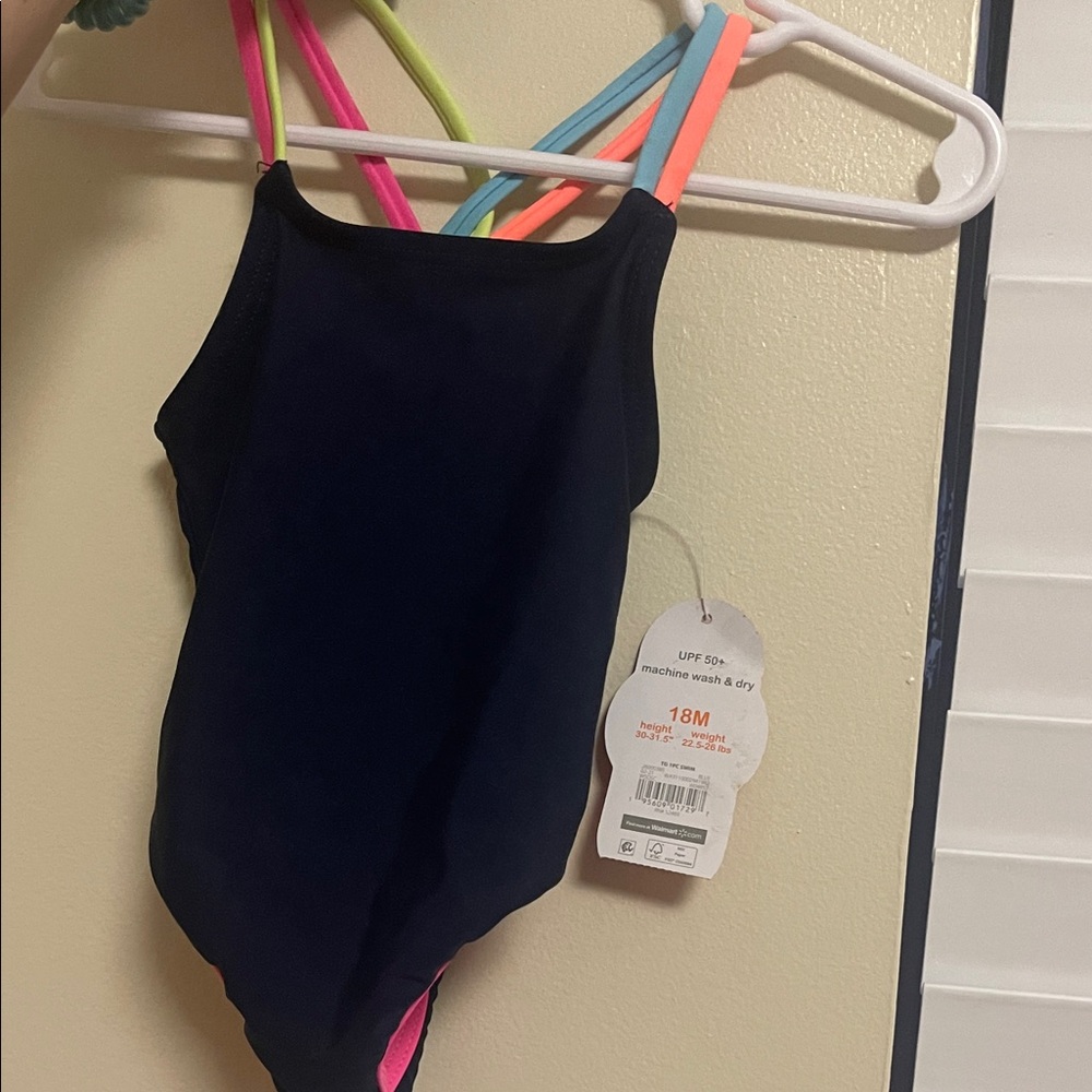 Navy Blue Toddler Swimsuit with Neon Straps